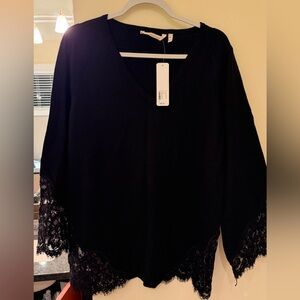Soft Surroundings Black V-Neck Sweater with Lace Trim